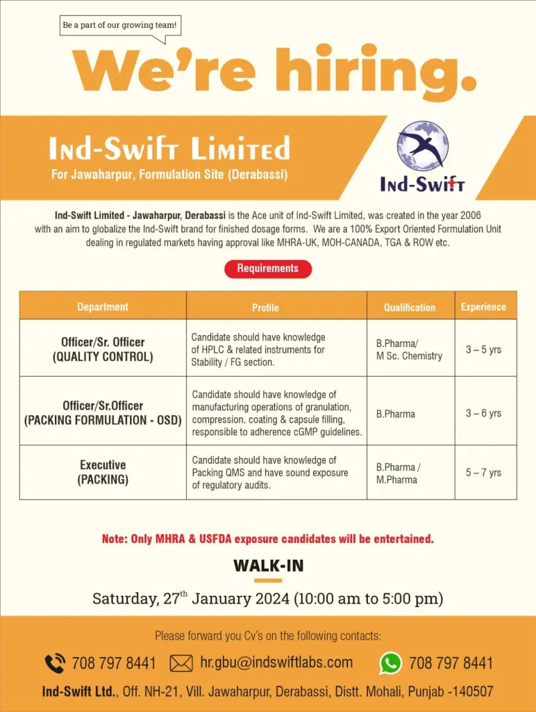 Ind-Swift Limited - Walk-In Interviews for Multiple Positions on 27th Jan 2024